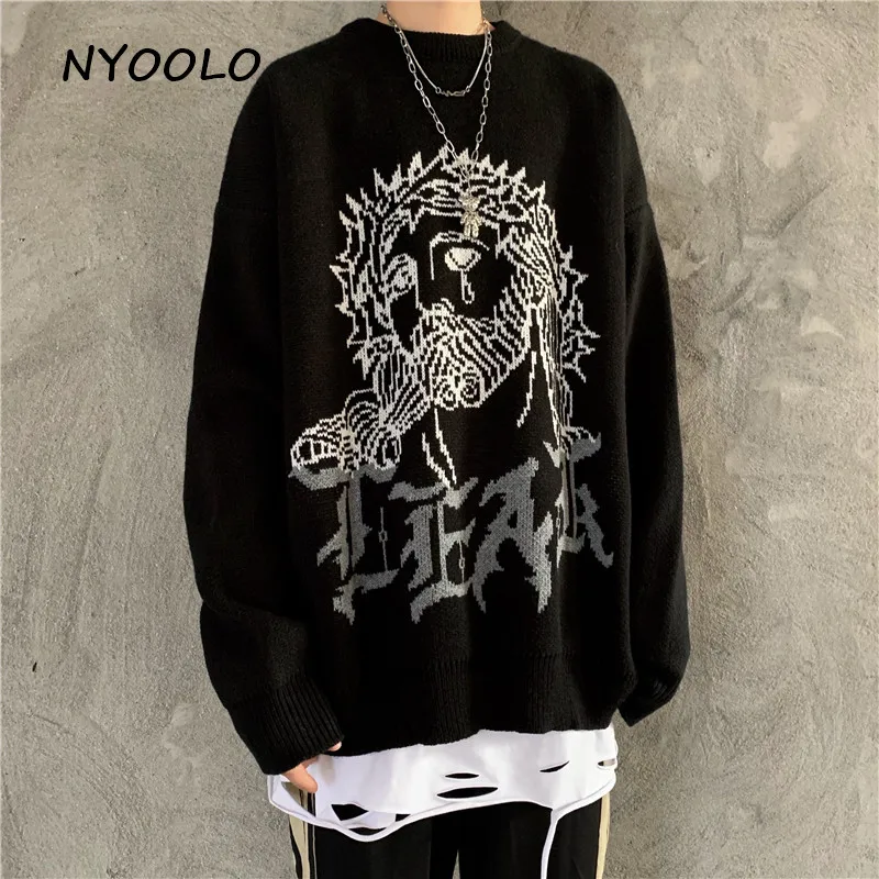 NYOOLO Autumn winter street Jesus letters thick warm knitted sweater Casual loose long sleeve O-neck pullover sweaters women men
