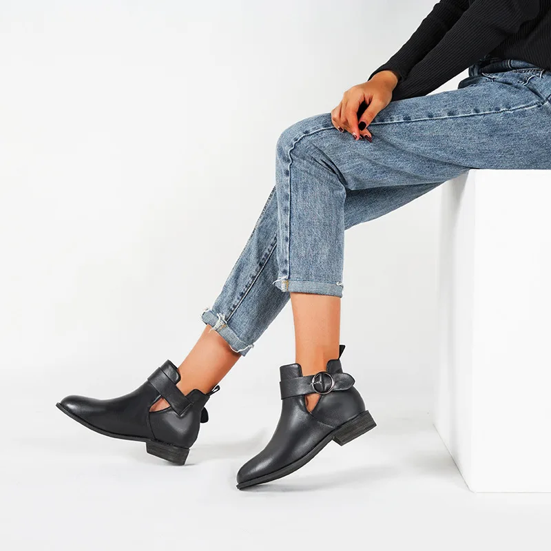 

Buckle Ankle Boots Woman Shoes Chunky Heels Chelsea Boot Leather Ladies Round Toe Short Booties Casual Zapatos De Mujer Black