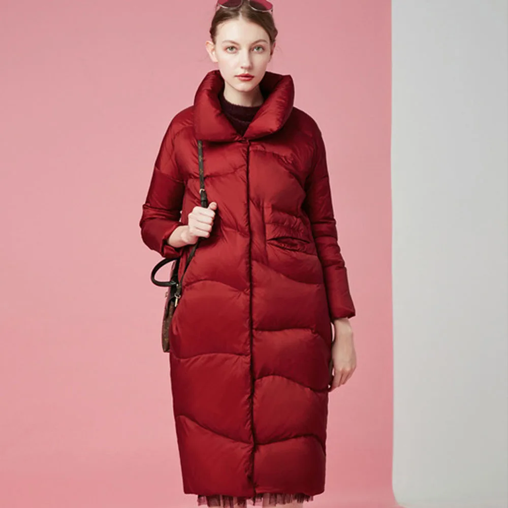 

Winter 2019 New Female Warm Grey Cotton Padded Jacket Casual Solid Color Oversize Long Length Parkas Lapel Loose Red Women Parka