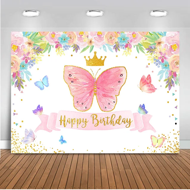 Fondo de mariposa para sesión de fotos de cumpleaños, Fondo de flores, corona rosa, decoración para temática de fiesta y sesión fotográfica