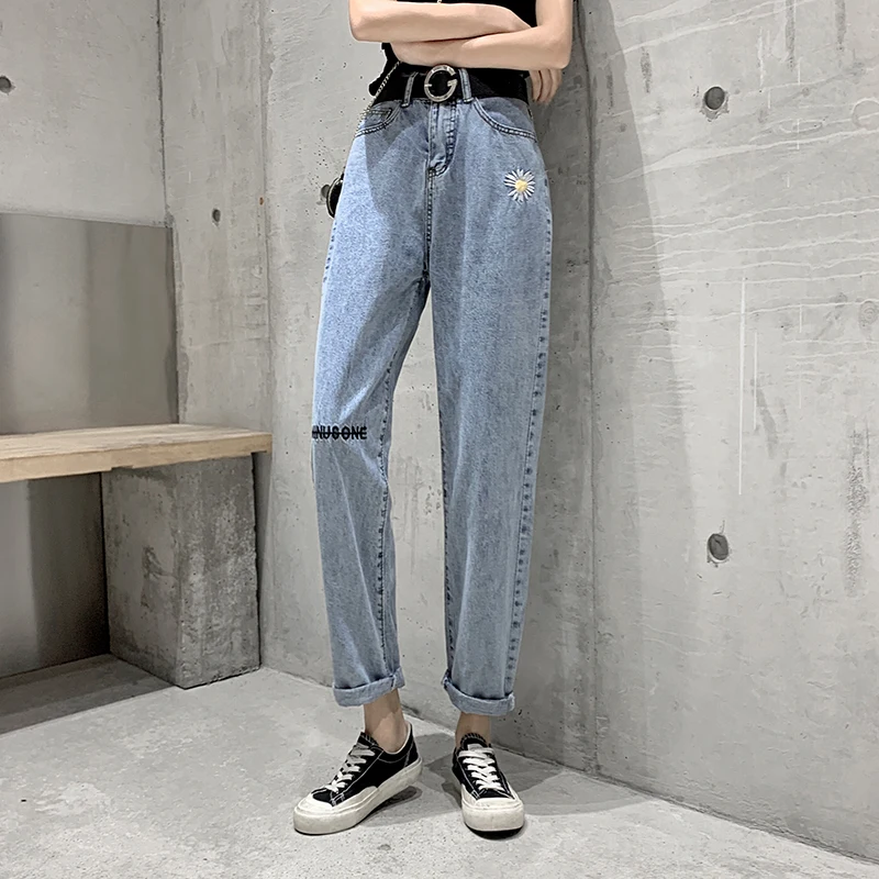 

Straight Ripped Wide Leg Jeans For Women High Waist Loose Leisure Harem Pants Embroidery Denim Clothing Female 2020 New Hot