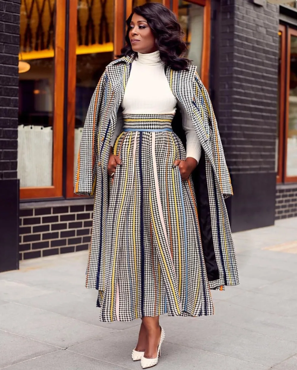 Yooneedi Autumn Design High Street 2 pcs Women Set Color Striped Long Style Outwear And Maxi Skirts OMF5136