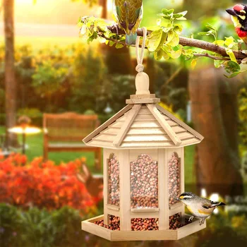 

Wooden Bird Feeder Hanging for Garden Yard Decoration Hexagonal Shaped with Roof QP2