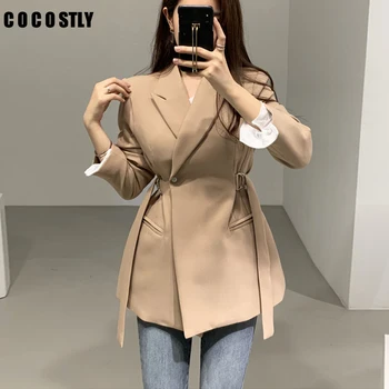

Autumn Korean Khaki Solid Suit For Women Blazer Coats Casual Single Buttons Sashes Female Suit Casual Long Sleeve Ladies Blaser