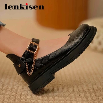 

Lenkisen 2020 european style sheep leather chains decorations gingham round toe high heel buckle straps handmade women pumps L50