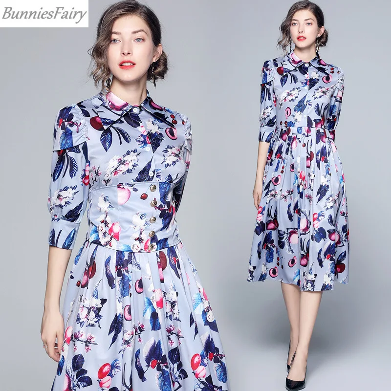 

BunniesFairy 2019 Autumn Winter Women Bohemian Boho Vintage Fruit Cherries Floral Print Tunic Waist Midi Pleated Shirt Dress
