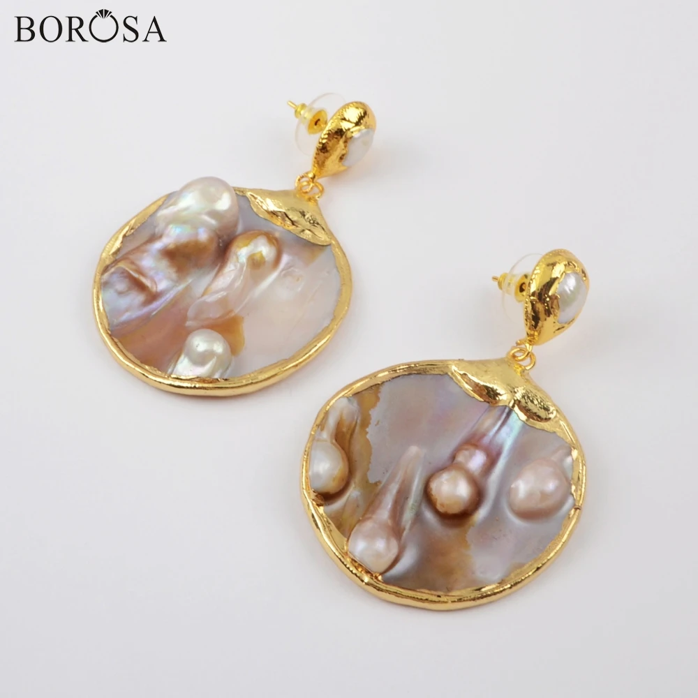 BOROSA Mother of жемчужной сережкой, 3/5 пар в комплекте; золотистые; круглый натуральный жемчуг серьги в виде капель с пресноводный жемчуг свободная форма Для женщин ювелирные изделия G1901-E