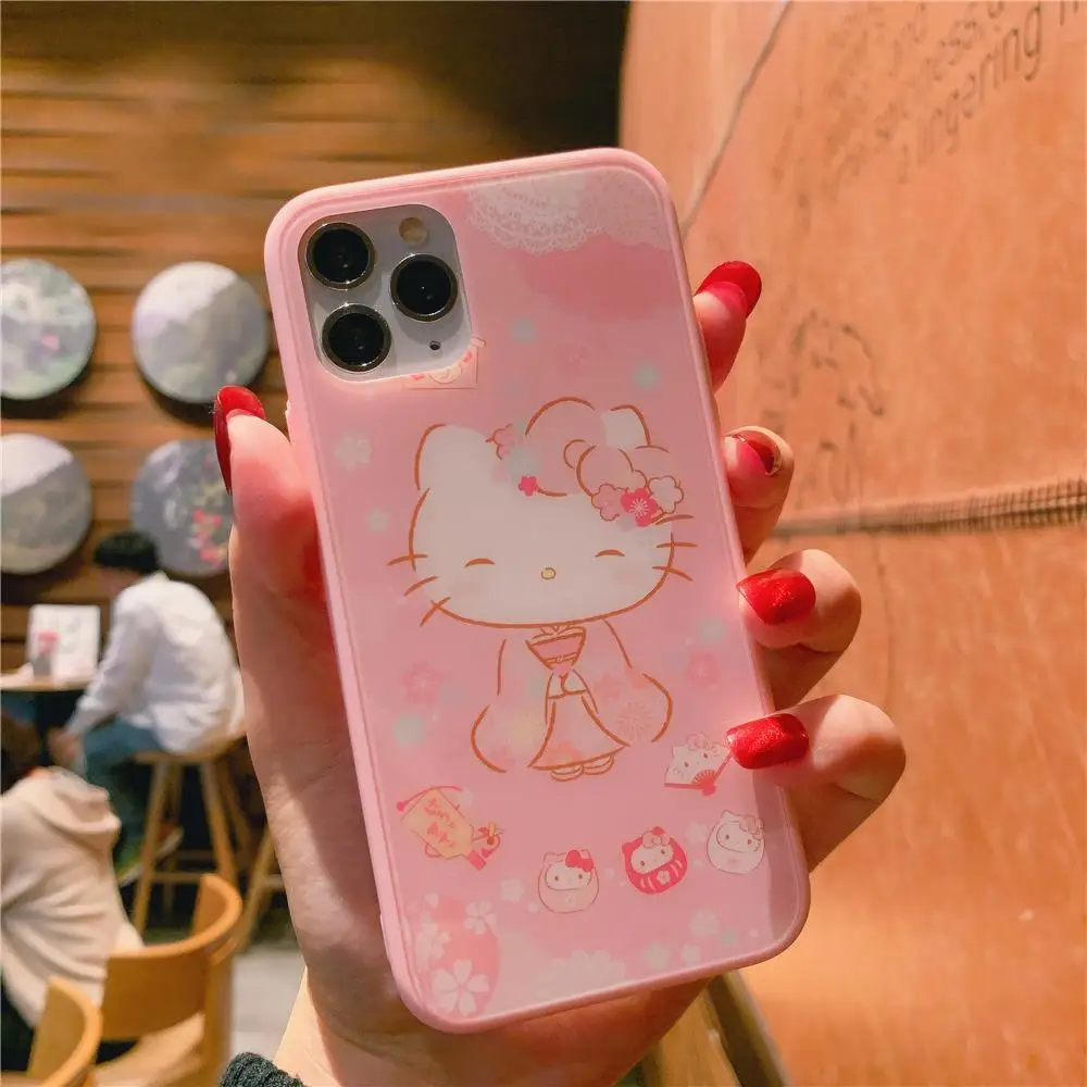 Кимоно Hello kitty закаленное стекло из двух частей чехол для телефона для iphone 11 Pro 6 6splus 7 8 plus X XR XS MAX аниме закаленное покрытие