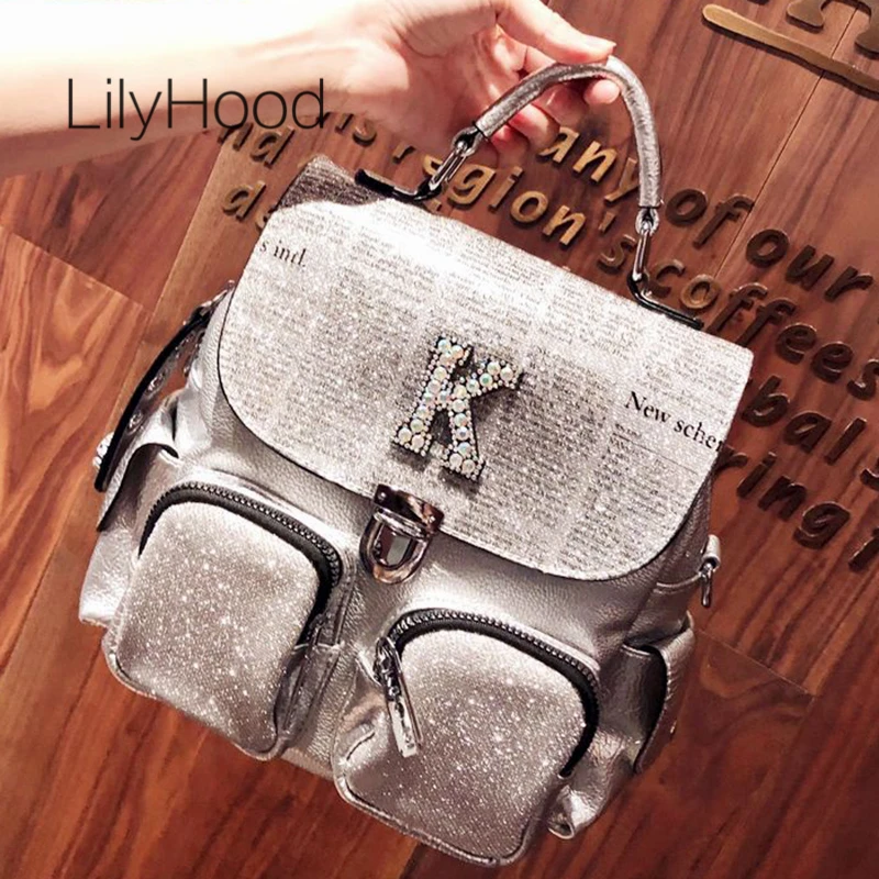 Casual Backpack Knapsack-Bag Shiny Women Paper-Printing Rhinestone Daily Iridescent Sparkle