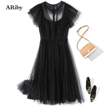 

ARiby Temperament Solid Dress Female 2020 Summer New Sleeveless O-neck Sequin Pleated Ruffle Stitching Mesh Gauze Dress Vestidos