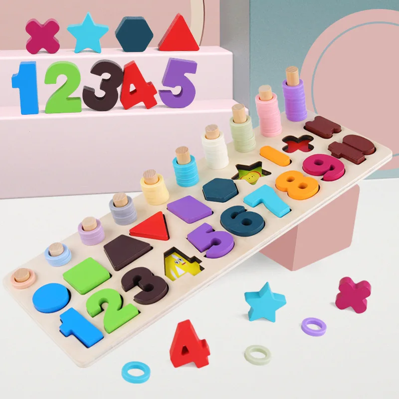 

New Style Rainbow Ring Three-in-One Numbers Board with Numbers Shape Matching Board Montessori Early Childhood Educational Toy W