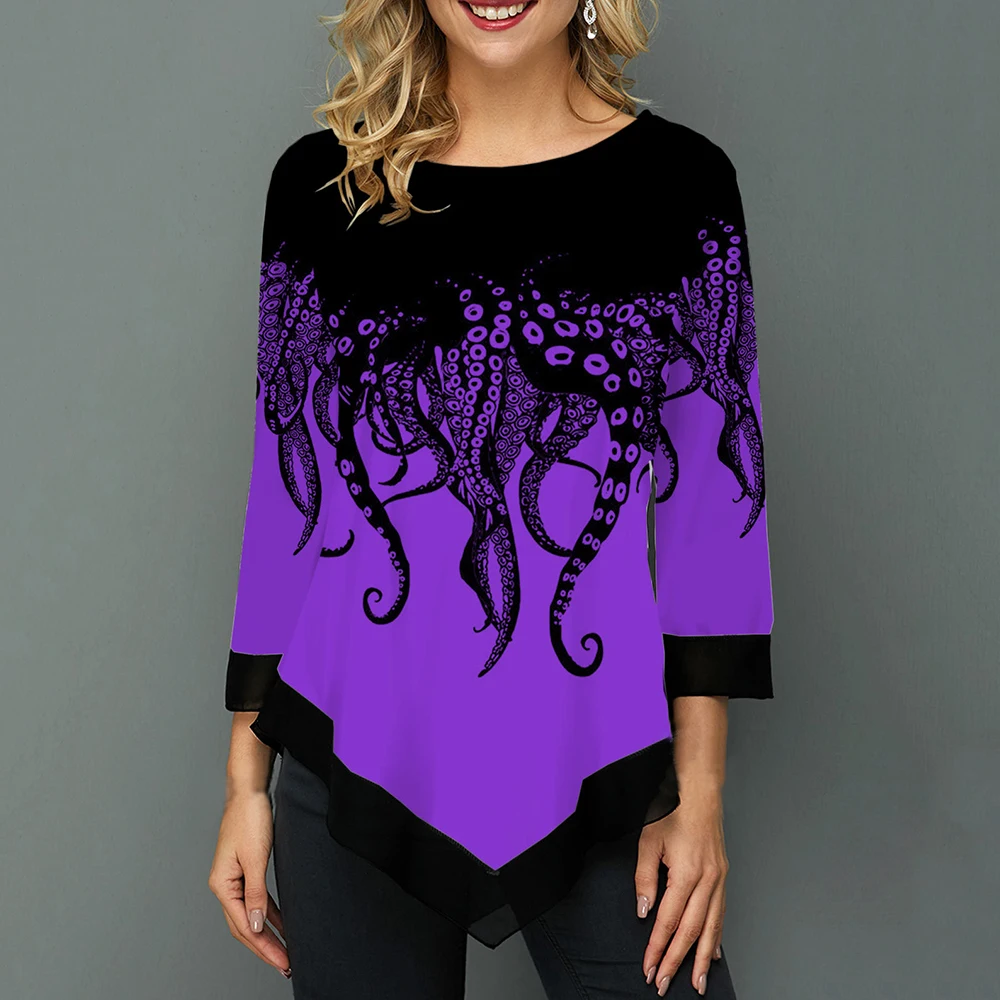 

Autumn Women's Fashion Round Neck Shirts Long-sleeved Shirt 2020 New Arrival Women Print Irregular Hem Tunic Casual Tops