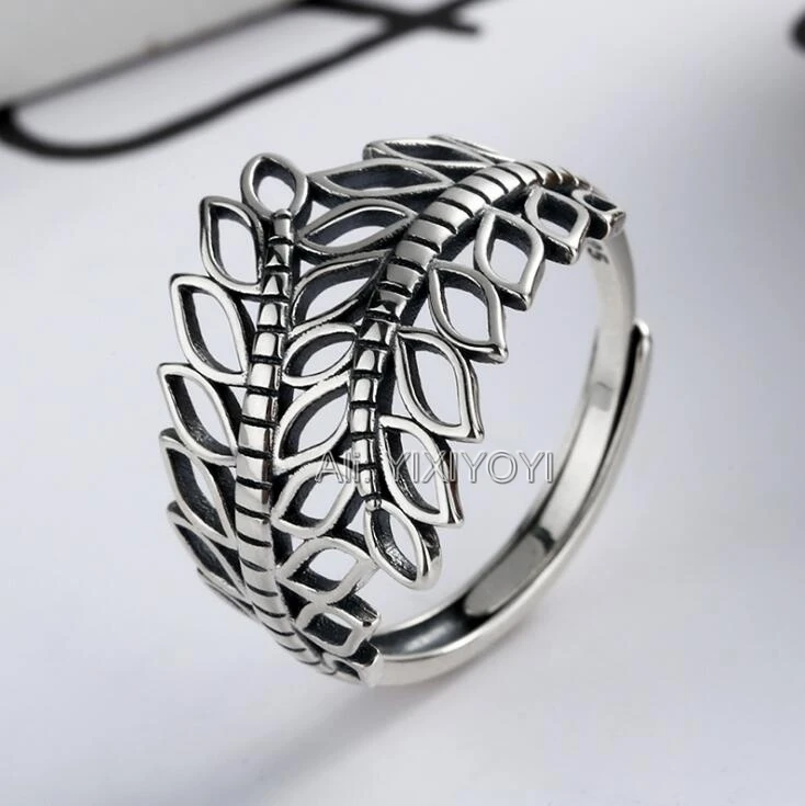 

YIXIYOYI 925 Sterling Silver Vintage Chinese Hollow Leaf Lucky Rings Open Retro Cool Finger Rings for Woman Man Gift Jewelry