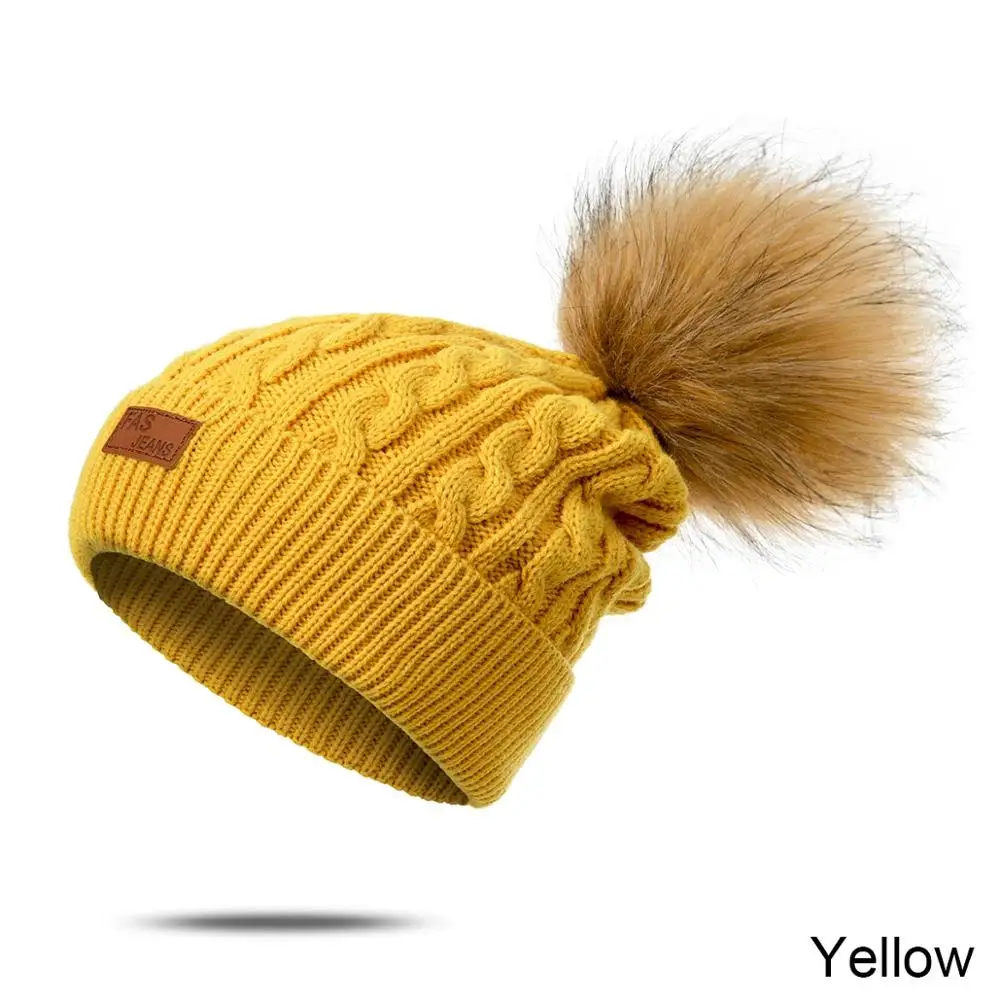 Evrfelan Winter Pompom Beanies Hat Women Knitted Skullies Hat Female Casual Women's Cap Solid Color Beanie Hat Adult Cap - Цвет: yellow