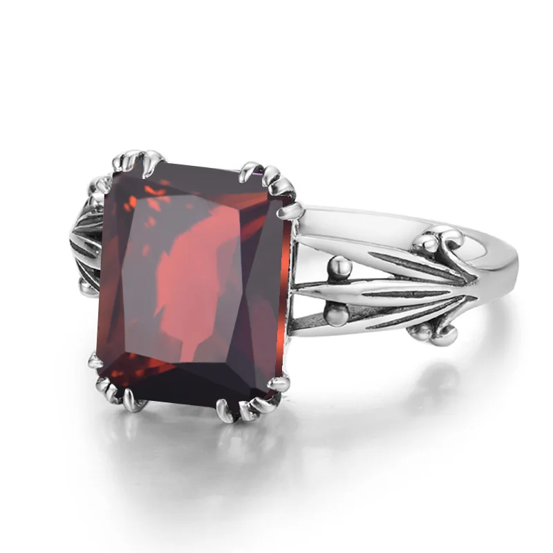 

100% Real 925 Sterling Silver Rings Creative Garnet Vintage Square Gemstone Cutout Classic Pattern Ring Fine Jewellry Woman Gift