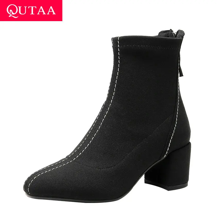 

QUTAA 2020 Stretch Fabrics Sewing Square Middle Heel Casual Ankle Boots Round Toe Zipper Autumn Winter Women Shoes Size 34-40