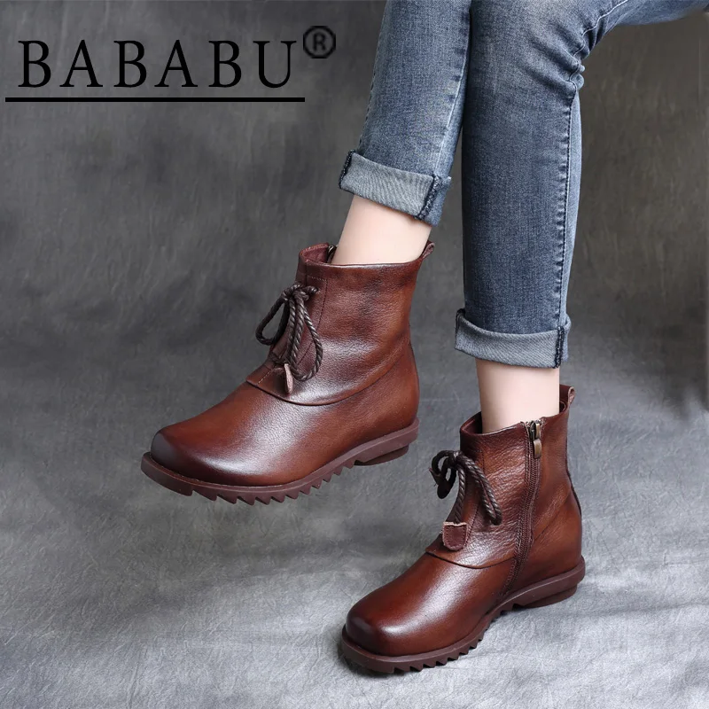 

2019 autumn new retro leather lace flat root soft bottom boots boots soft boots