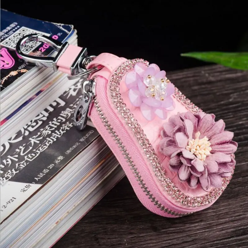 Flower Pink Black White Leather Car Key Bag Case Cover Shiny Rhinestone Inlaid Zipper Car Accessories Car Key Holder Chain