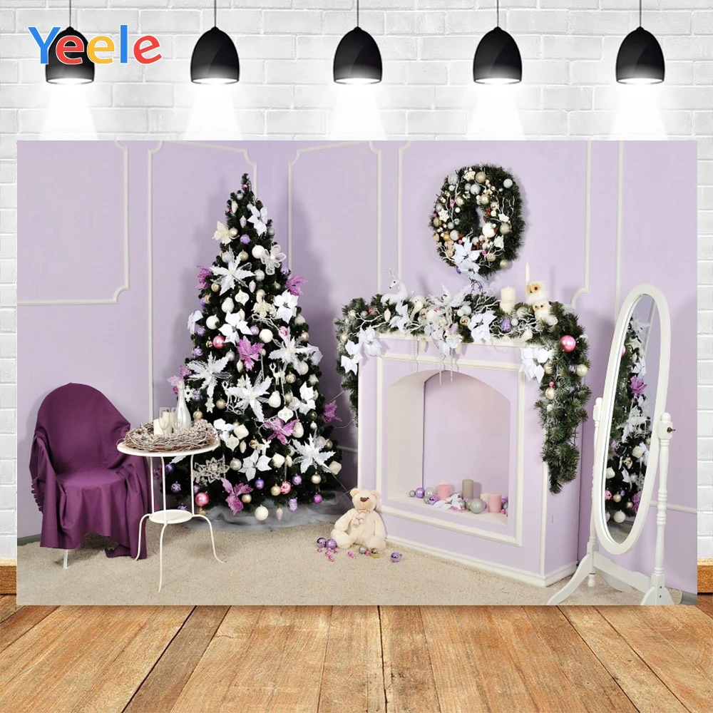 

Yeele Merry Christmas Tree Ball Purple Sofa White Fireplace Background Photophone Photography Backdrop for Decor Customized Size