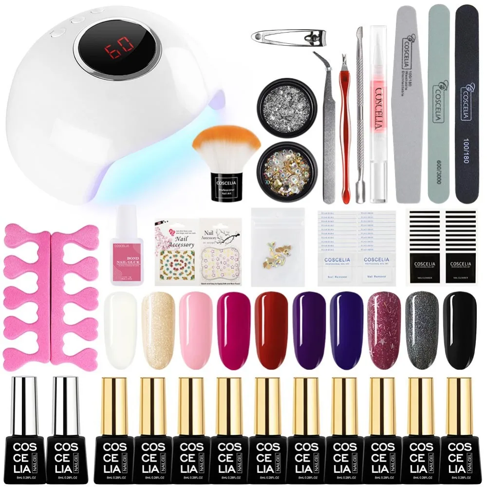 COSCELIA, 10 цветов, Гель-лак, базовое верхнее покрытие, Гель-лак для ногтей, набор с 24 Вт УФ светодиодной лампой для электрического маникюра, все для маникюрного комплекта