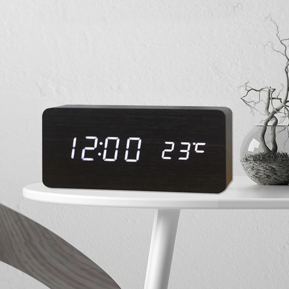 Modern Wooden Wood USB/AAA Digital LED Alarm Clock Calendar Timer Thermometer 