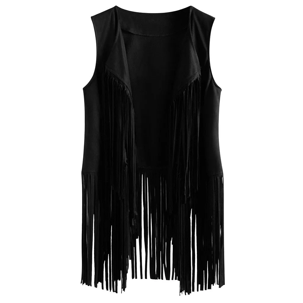 Women Autumn Winter Suede Ethnic Sleeveless Tassels Fringed Vest Cardigan - Цвет: Черный