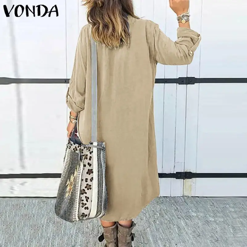 Goede Vonda Office Dames Jurk Vrouwen Casual Losse Revers Hals Lange Mouwen Dress Party Vestidos 2019 Herfst Gewaad Plus Size Zonnejurk