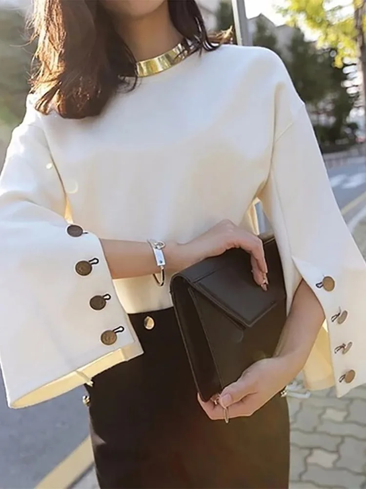 

2019 Autumn Women Elegant OL Style Work Shirt Female Solid Stylish Leisure Basic Top Slit Buttoned Bell Cuff Casual Blouse