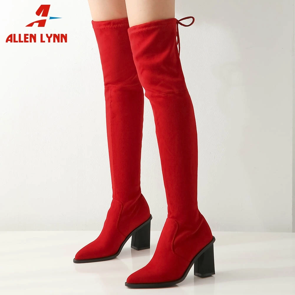 

Stretch Over Knee High Boots Vintage Block High Heels Pointed Toe Shoes Woman Slim Flock Boots Big Size 34-43
