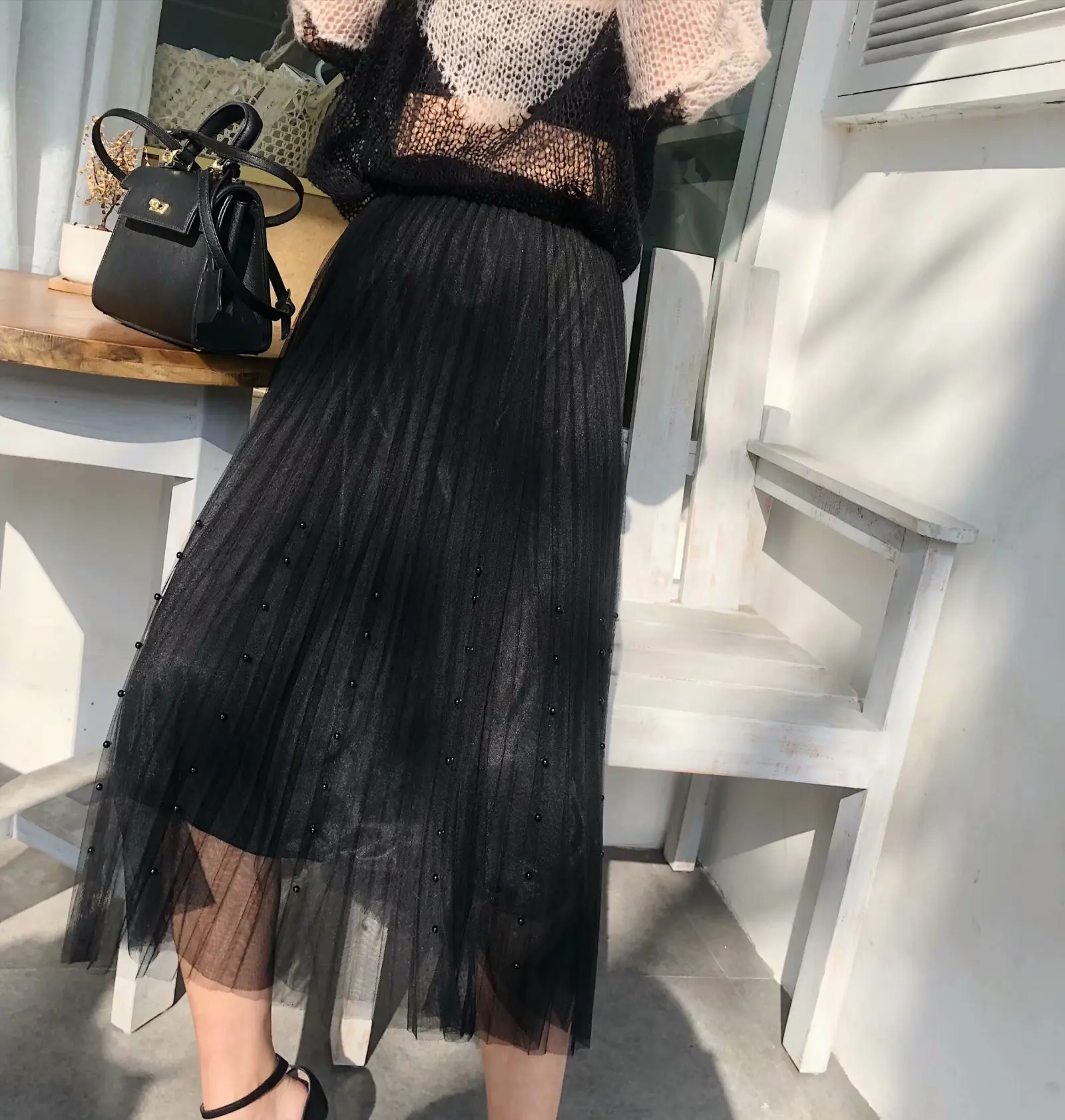 

French Retro Non-mainstream Design Gauze Beaded Bracelet Streamers Lining High-waisted Elegant Mid-length A- line Skirt