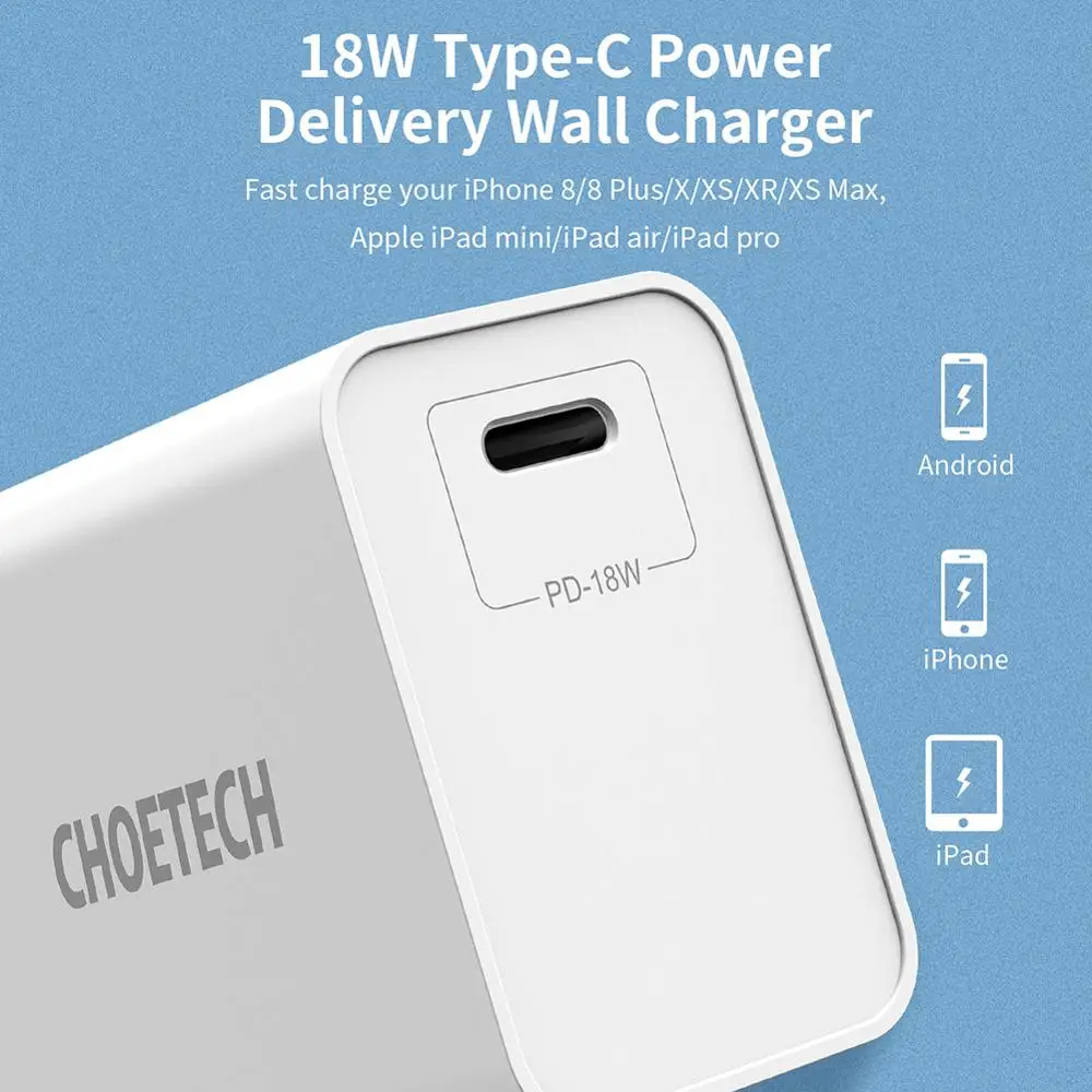 CHOETECH USB Charger 18W PD 3.0 Fast Charging USB C Plug Mobile Phone Charger For iPhone X Xs Xr 8 Xiaomi Phone PD Charger