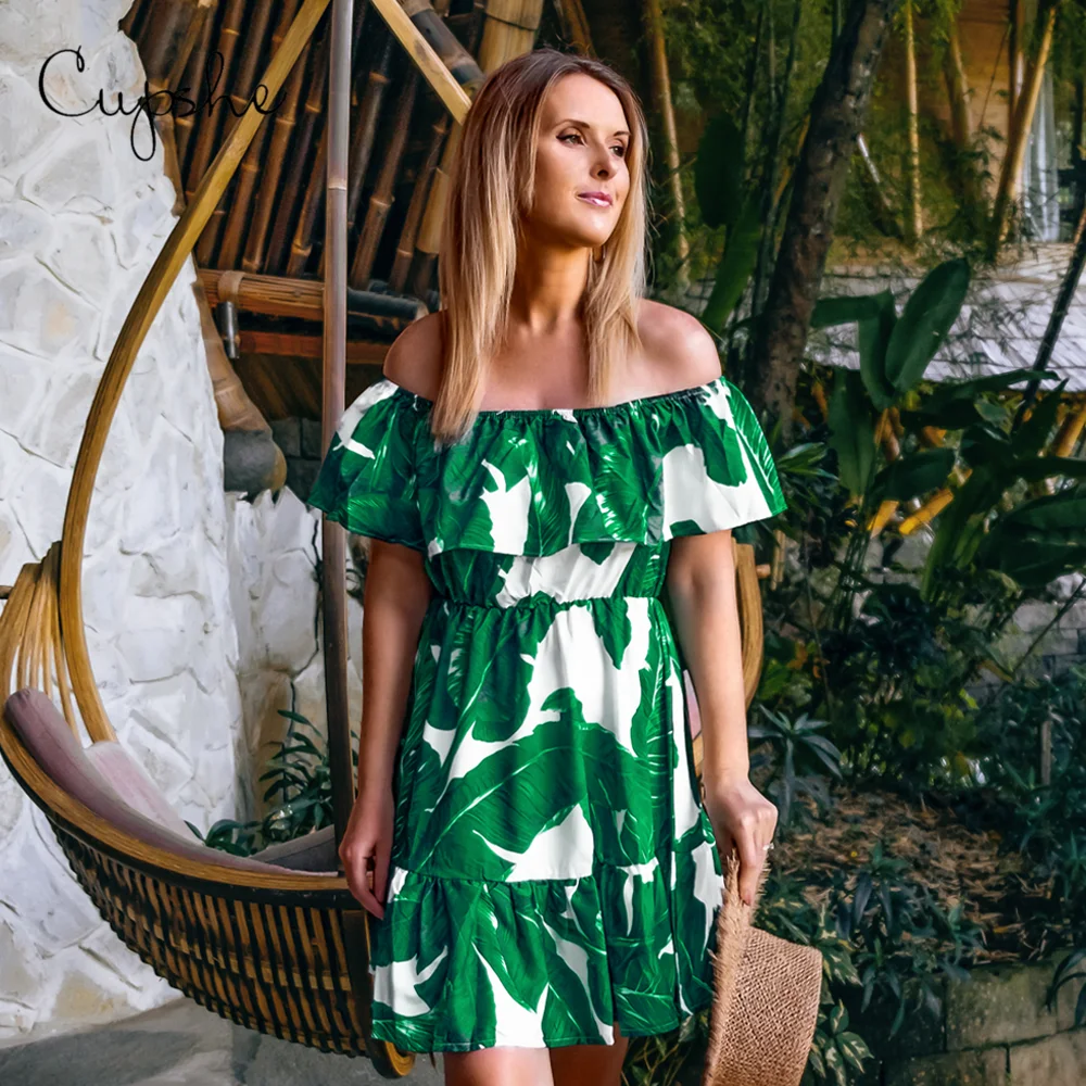 

CUPSHE Women Tropical Palm Print Ruffled Dress 2019 New Summer Slim Off Shoulder Sundress Elegant Green Vestido