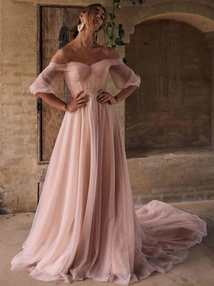 Rose Pink Prom Dresses 2022 Puff Sleeve ...