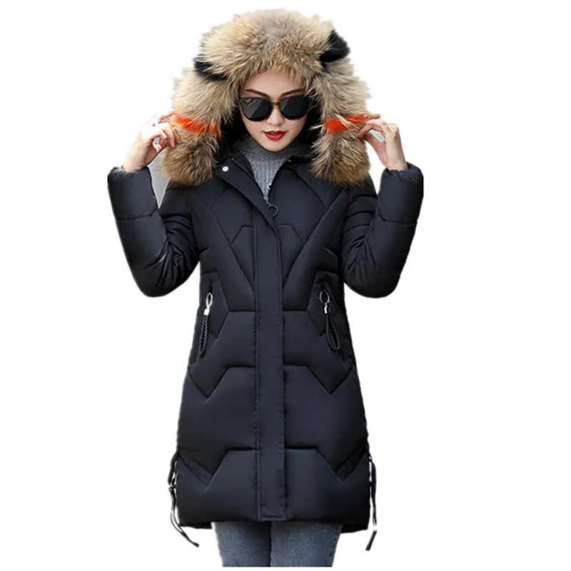 Womens Winter Jackets And Coats Parkas For Women Plus Size Wadded Jackets Warm Outwear Hooded Large Faux Fur Collar NW2349 - Цвет: Черный