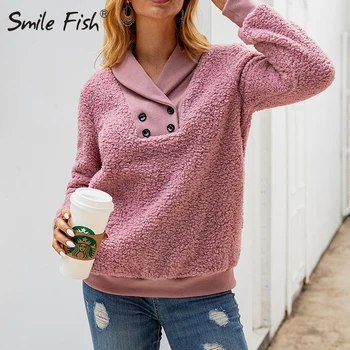 

2019 New Fleece Hoodies Solid Casual Pullovers Button Collar Women Clothes Tedd Solid Streetwear Long Sleeve Sweatshirts G1106