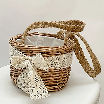 

Straw Basket Casual Top-Handle Bags Women Barrel-Shaped Summer Beach Durable Rattan Drawstring Shoulder Handbags