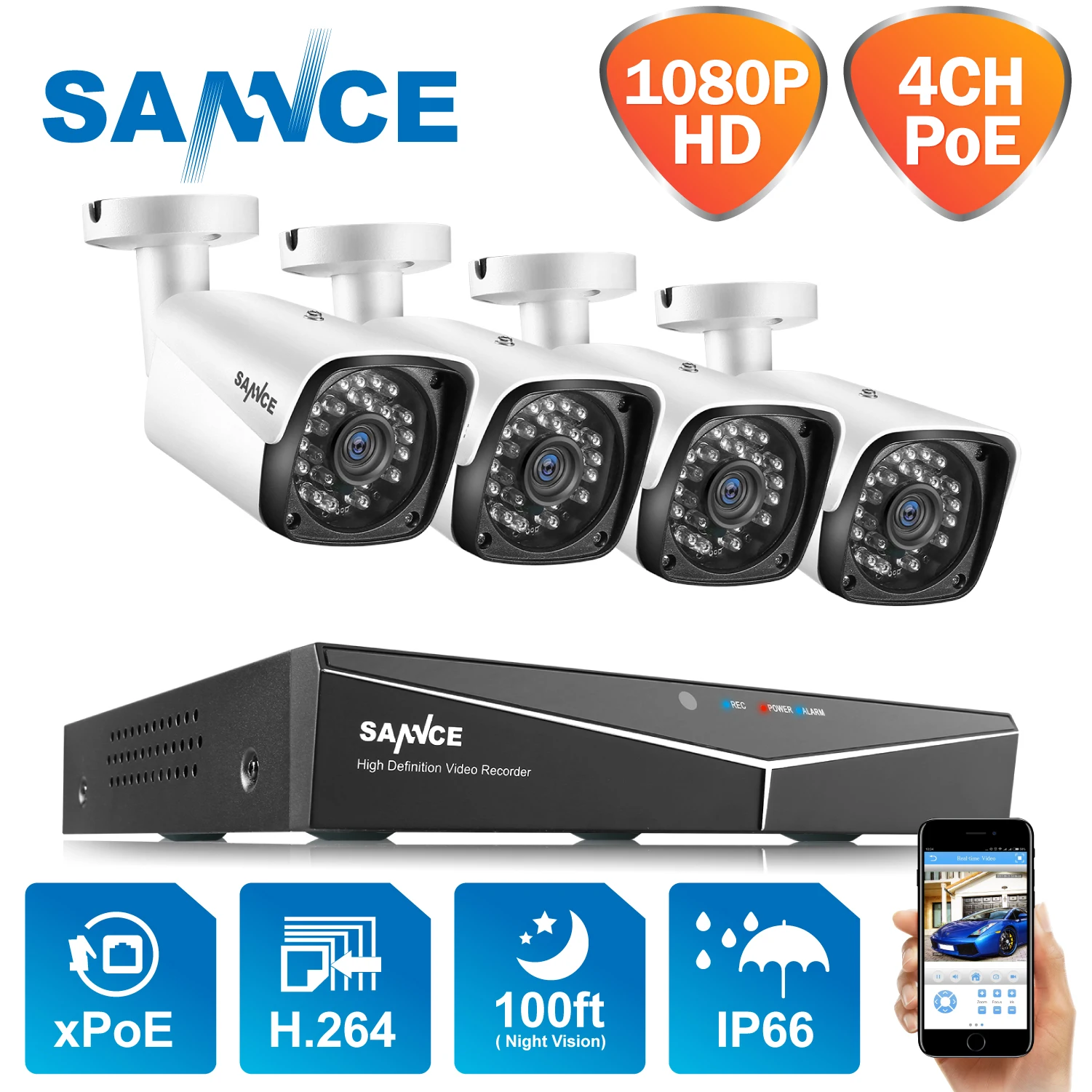 SANNCE 4CH HD 1080P XPOE CCTV видео NVR система 4 шт. 2MP POE ip-камера для улицы, защищенная от атмосферных воздействий, Домашняя безопасность, наблюдение, Wi-Fi комплекты