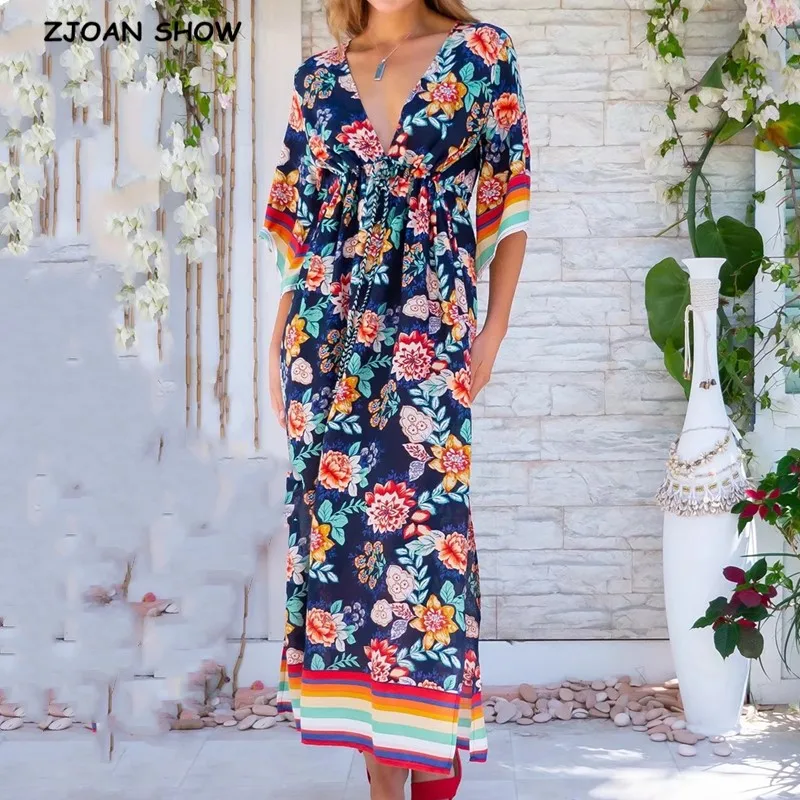 2020 BOHO Orange Flower Print Flare Sleeve Side Split Dress Deep V neck Women Adjust Waist Drawstring Maxi Long Dresses Vestidos | Женская