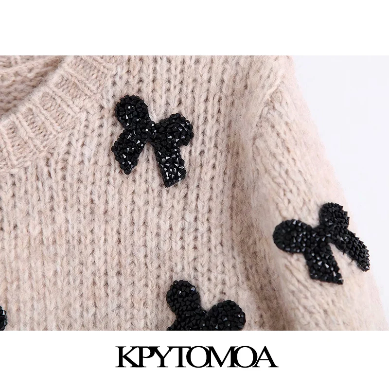 Skup Vintage elegancka, z kokardą Tie aplikacje sweter z dzianiny damskie 2019 Fashion O Neck z długim rękawem damskie swetry eleganckie koszule