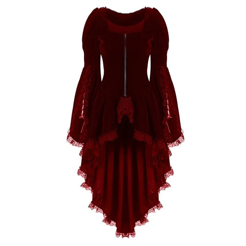 Пальто Плюс Размер модная Женская осенне-зимняя куртка Винтажная с длинным рукавом талия юбка на молнии куртка кружева сшивание смокинг - Цвет: Red