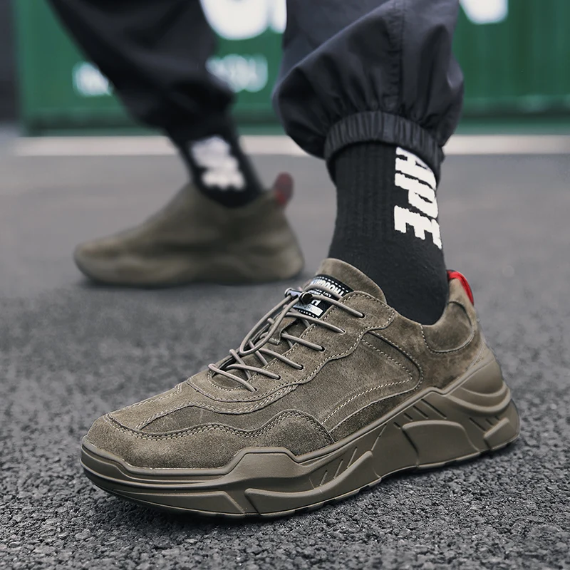

Ifrich Men Youth Casual Shoes Elastic Band Mens Fashion Shoes Black Khaki Casual Shoes For Male Designer Suede Leather Men Shoe