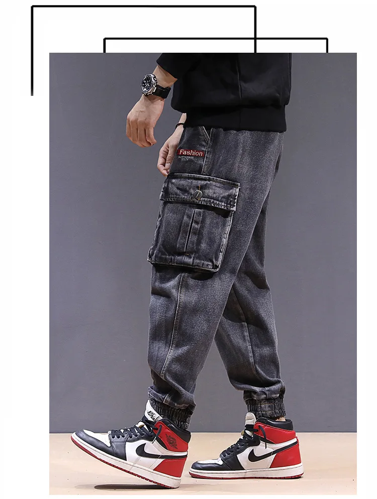 19 зима осень мужские повседневные шаровары мужские свободные модные размера плюс Черные Серые джинсы мужские хип-хоп брюки комбинезоны уличная одежда