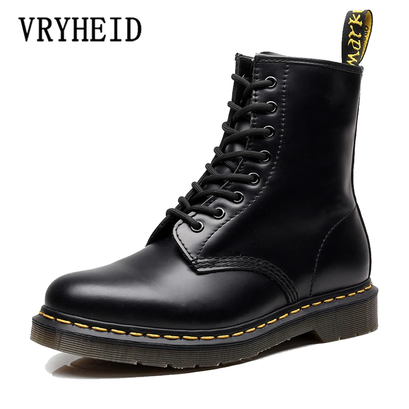 VRYHEID Marca novedosa hombres botas de cuero genuino zapatos para invierno, otoño de la motocicleta para el tobillo botas Oxfords zapatos de gran tamaño 35-48