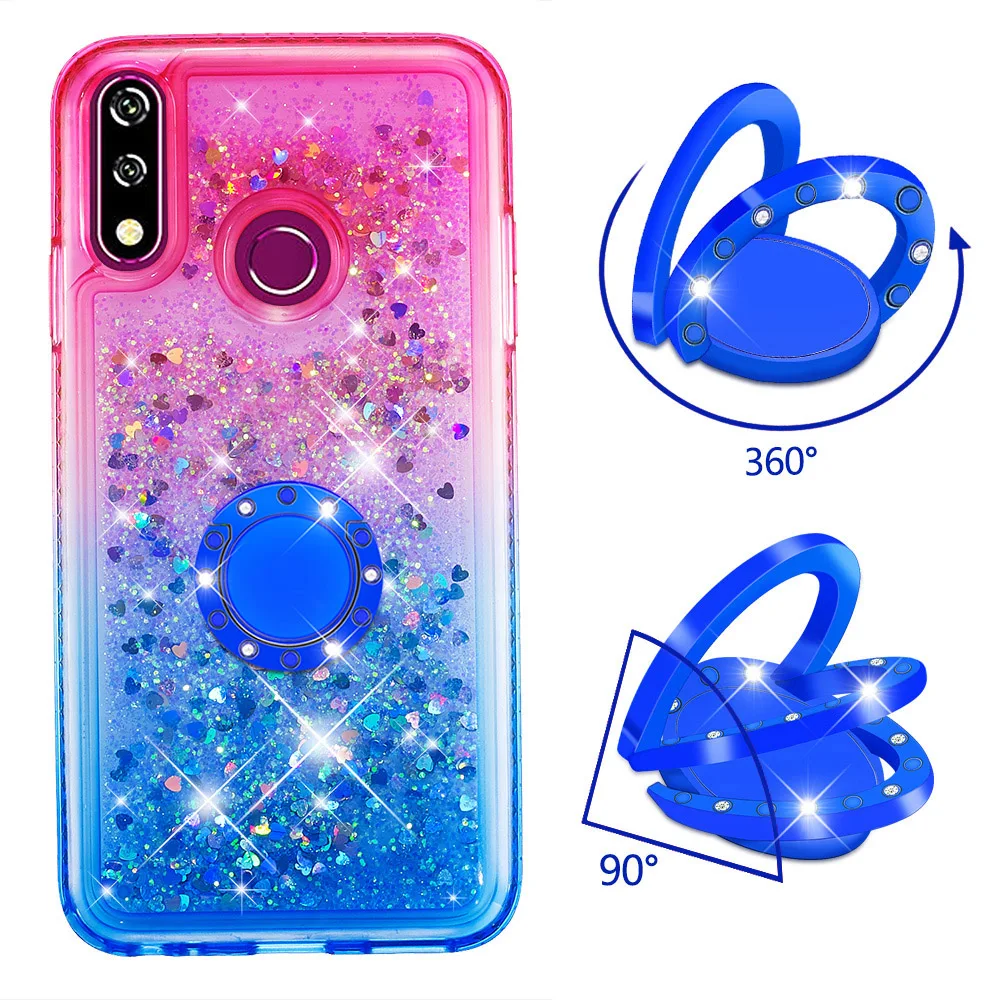 

For LG W10 Case Gradient Soft TPU Shockproof Glitter Sequin Liquid Quicksand Case Finger Ring Holder Crystal Diamond