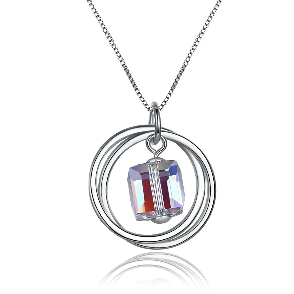 

Romantic S925 Sterling Silver Necklace Pendant Crystal Stereo White Square Double Circle Necklace Valentine's Day Gift