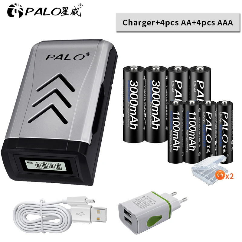 

PALO 1.2v Nimh AA 3000mah Rechargeable Battery+1.2v AAA Rechargeable Battery+LCD Smart charger for 1.2v nimh nicd AAA AA battery