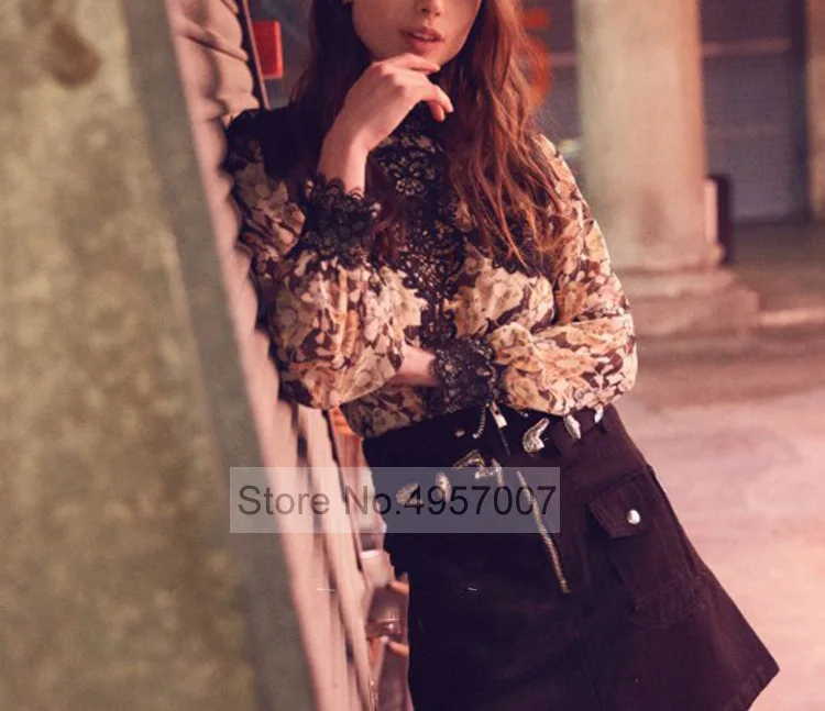 

Elfbop Floral Print Golden Thread Blouse Top Features Hollow Out Embroidery Lace & Lurex Metallic Yarn Detail