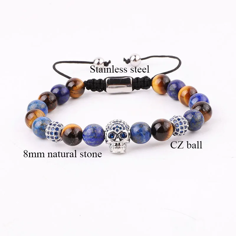 New Design Natural Stone Beads Blue CZ Pave Skull Charm Macrame Adjustable Bracelet Men - Image 5