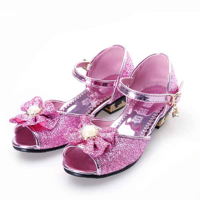PINSEN/детская кожаная обувь принцессы для девочек; Повседневная блестящая детская обувь на плоской подошве с цветочным принтом; туфли с узлом бабочкой для девочек; цвет синий, розовый, серебристый - Цвет: Розовый