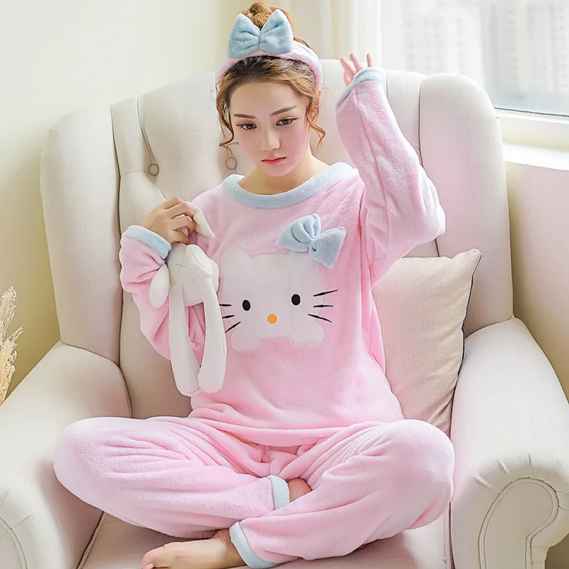 Зимняя фланелевая теплая пижама в Корейском стиле; kawaii; пижамный комплект из кораллового флиса; Пижама mujer; повседневная домашняя одежда; пижамы для женщин; одежда для сна
